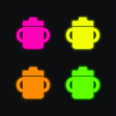 Baby Drinking Bottle With Handle On Both Sides four color glowing neon vector icon