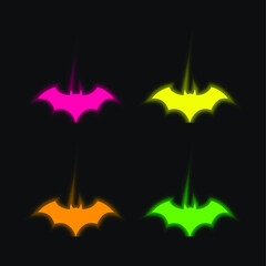 Bat Black Silhouette With Opened Wings four color glowing neon vector icon