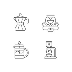 Coffee making appliance linear icons set. Moka pot. Professional commercial roaster for beans. Customizable thin line contour symbols. Isolated vector outline illustrations. Editable stroke