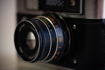 Fototapeta na wymiar Retro film photo camera. Old retro 35mm film camera soviet.