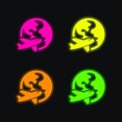 Airplane Around Earth four color glowing neon vector icon