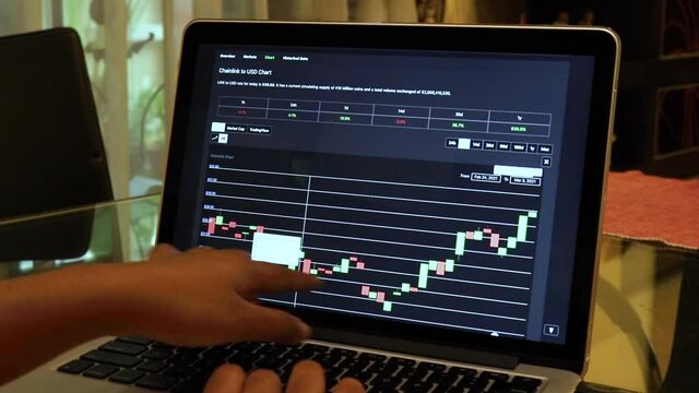 Women going through LINK 7 days Candle Stick Charts on a Laptop
