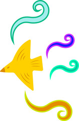 yellow bird flying down with colorful swirls in the back 