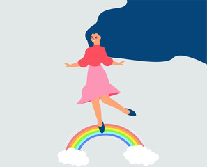 Happy female spreads positive vibe while walking on the rainbow with balance. Woman character smiles and enjoys her freedom. Body and mental health, Psychological care, Lifestyle concept. Vector.