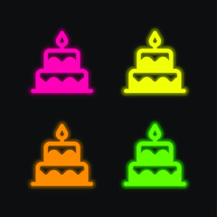 Birthday Cake four color glowing neon vector icon