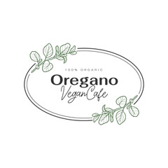 Healthy food logo template. Hand drawn illustrations for for restaurant, bar, vegan, healthy and organic food, market, farmers market, cooking school, food truck, delivery service.