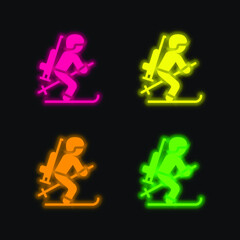 Biathlonist four color glowing neon vector icon