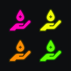 Blood Drop four color glowing neon vector icon