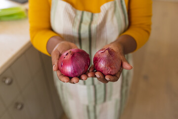Mid section view of senior african american woman holding onions in kitchen - Powered by Adobe