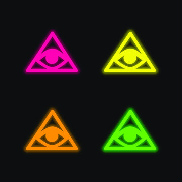 Bills Symbol Of An Eye Inside A Triangle Or Pyramid four color glowing neon vector icon