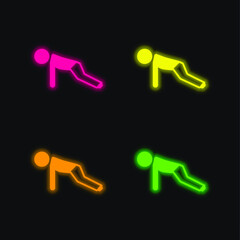 Boy Doing Pushups four color glowing neon vector icon