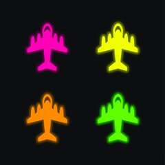 Obraz premium Big Plane With Four Engines four color glowing neon vector icon