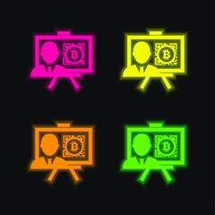 Bitcoin Presentation With Reporter four color glowing neon vector icon