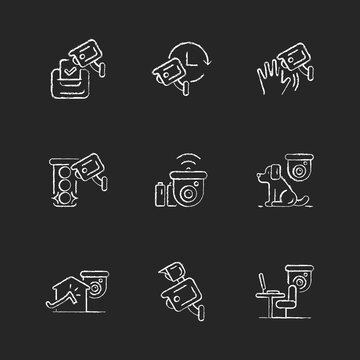 Surveillance camera usage chalk white icons set on dark background. Election observation. Pet control. Motion detection. Workers productivity. Isolated vector chalkboard illustrations on black