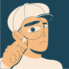 Detective man with Shelock Holme hat looking through magnifying glass