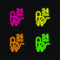 24 Hours Drugs Delivery four color glowing neon vector icon