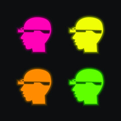 Bald Man Head Side With Google Glasses four color glowing neon vector icon