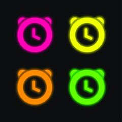 Alarm Clock four color glowing neon vector icon