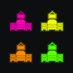 Bedroom Furniture Equipment four color glowing neon vector icon