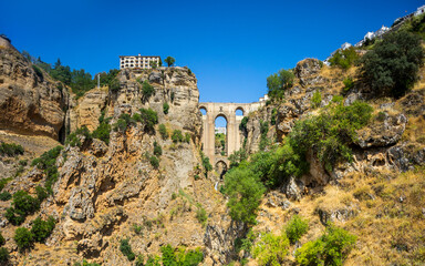 Beautiful view of historic roman bridge in Ronda, Spain