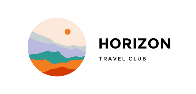 Logo, logotype, sign. Horizon, travel club. Logo with abstract landscape mountain, sky and sunset view. Minimalist style landscape view, mountain, hill and sun. Abstract style. Vector Illustration