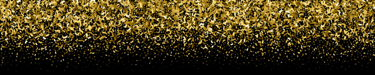 Golden Explosion Of Confetti. Gold Glitter Texture Isolated On Black. Panoramic Background. Wide Horizontal Long Banner For Site. Celebratory Background. Vector Illustration, Eps 10.