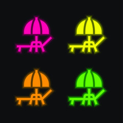 Beach Umbrella four color glowing neon vector icon