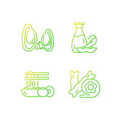 Soy meals gradient linear vector icons set. Soybeans sprouts growing. Tofu cheese skin. Organic foods. Thin line contour symbols bundle. Isolated vector outline illustrations collection