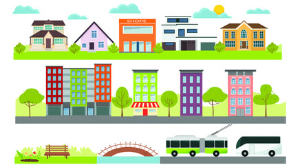 A set of city and country houses with transport and nature. Vector illustration in a flat style