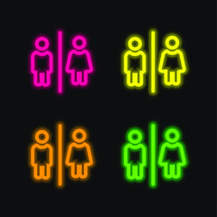 Bathrooms For Men And Women Outlines Sign four color glowing neon vector icon