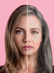 aging woman collage before after, comparison of young with old Caucasian woman. two halves of the face of one person