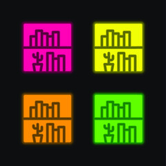 Bookshelf four color glowing neon vector icon