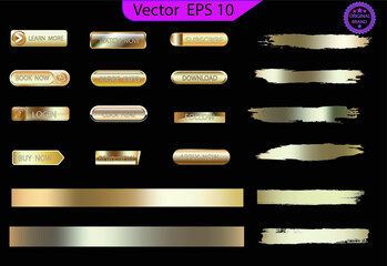 Set of glass gold buttons and sliders, web icons of different forms. Gradient mesh. Button set color gold glossy. EPS 10. Set of Gold gradients, gold glossy squares and circles. Gradient mesh
