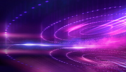 Abstract neon futuristic background. Distortion of light rays. Dark futuristic scene, smoke, smog, rays and lines. Illusion fantastic, neon background, tunnel. Dark street scene with neon lights. 