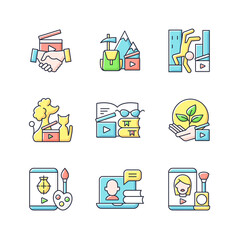 Video content RGB color icons set. Business to business service. Entertainment content. Educational tutorials. Isolated vector illustrations. Videography simple filled line drawings collection
