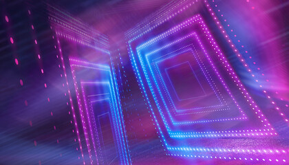 Abstract neon futuristic background. Distortion of light rays. Dark futuristic scene, smoke, smog, rays and lines. Illusion fantastic, neon background, tunnel. Dark street scene with neon lights. 