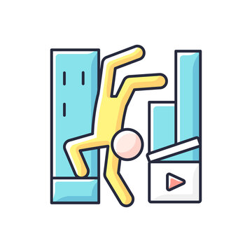 Parkour videos RGB color icon. Shooting footage for action motion picture. Filmmaking on extreme freerunning sport. Isolated vector illustration. Videography simple filled line drawing