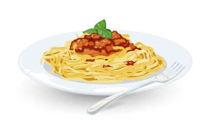 Cartoon of spaghetti with bolognese sauce and greenery on top, italian pasta from restaurant menu. Vector nutritious dish, tomato sauce topping, eating. Italian food idea isolated on white background