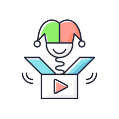 Prank videos RGB color icon. Funny content. Laughing at jokes online. Humorous trick. Comedy videos for entertainment. Isolated vector illustration. Videography simple filled line drawing