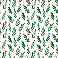 Hand-drawn seamless pattern of decorative branches of mistletoe green color on white background. Perfect for textile, prints, packaging, scrapbooking, wrapping paper, gift bags. Digital illustration