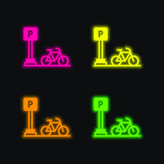 Bicycle four color glowing neon vector icon
