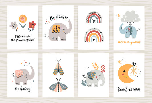 Set of posters with cute elephants and items.