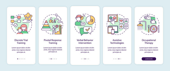 Autistic behavior correction onboarding mobile app page screen. Assistive technology walkthrough 5 steps graphic instructions with concepts. UI, UX, GUI vector template with linear color illustrations