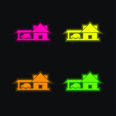 Big House With Car Garage four color glowing neon vector icon
