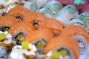 Closeup of asian food sushi with red fish