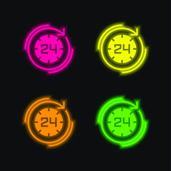 24 Hours four color glowing neon vector icon