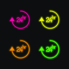 24 Hours four color glowing neon vector icon
