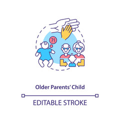 Older parents child concept icon. Autism risk factor abstract idea thin line illustration. Parental-age effect. ASD diagnosis in kids. Vector isolated outline color drawing. Editable stroke