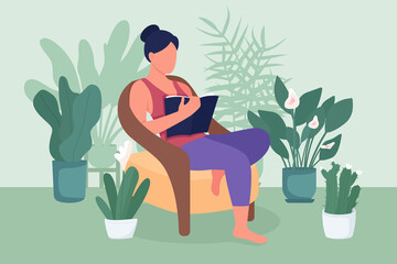 Woman reading book flat color vector illustration. Girl sitting in armchair among houseplants and relax. Weekend leisure activity. Resting 2D cartoon character with cozy interior on background