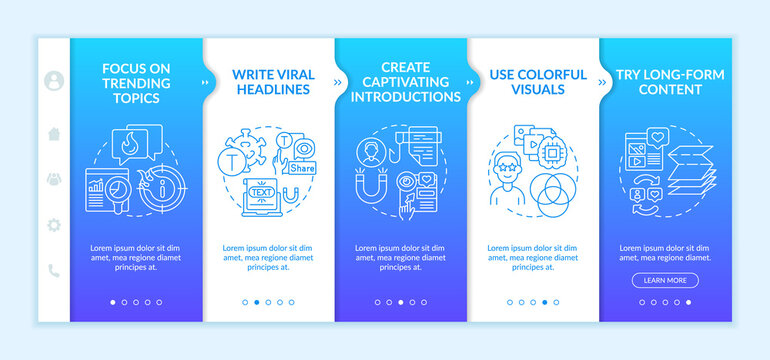 Popular content creation tips onboarding vector template. Responsive mobile website with icons. Web page walkthrough 5 step screens. Captivating introductions color concept with linear illustrations